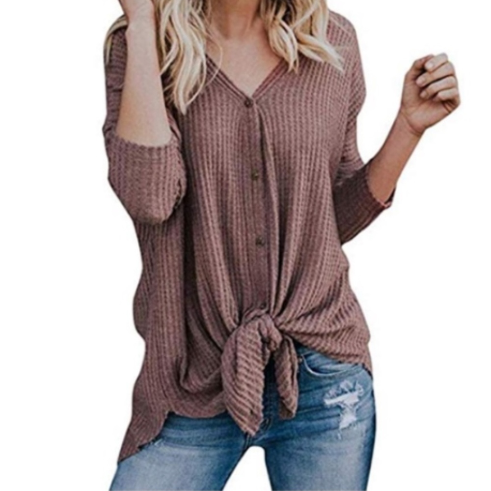 XL V Neck Button Up Sash Tie Top in Women